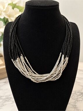 Black & Silver Tone Multi Strand Seed Bead Statement Necklace Adjustable